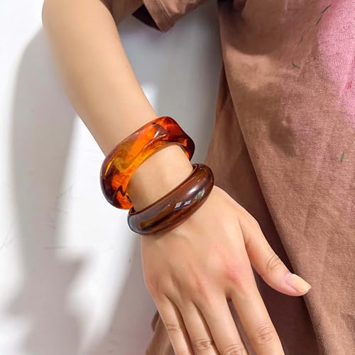 2PCS Chunky Acrylic Bracelet for Women Large Square Resin Cuff Vintage Open Bangle Bracelets Wide Geometric Jewelry - style: brown+brown