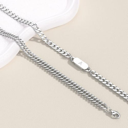 2PCS Initial Letter Cuban Bracelet, A-Z Letter Pendant Stainless Steel Silver Cuban Link Chain for Men Women Jewelry Set for Him Her - style: C