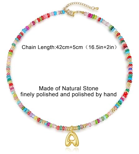 YOUFENG Initial Letter Necklaces for Women Colorful Beaded Gemstone Choker 14K Gold Plated Bubble Letter Pendant Necklace Natural Stone Handmade Jewelry Gift - color: O