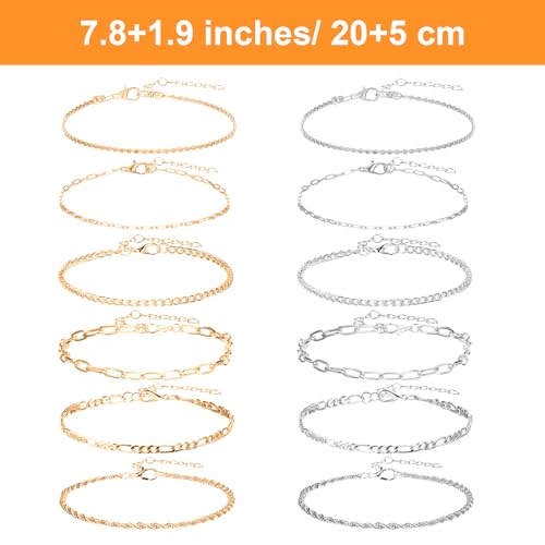 Ankle Bracelets for Women 12 Pcs Gold/Silver Plated Layered Cuban Link Chain Anklets Set Summer Boho Jewelry Anklets - style: 12 Chains
