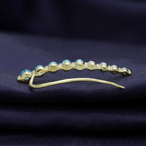 Floating Curved Bar One Piece Left Ear Crawler Earrings With Birthstone | White CZ In 14K Yellow Gold Over Sterling Silver - color: Simulated Aquamarine