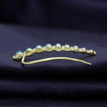 Floating Curved Bar One Piece Left Ear Crawler Earrings With Birthstone | White CZ In 14K Yellow Gold Over Sterling Silver - color: Simulated Aquamarine