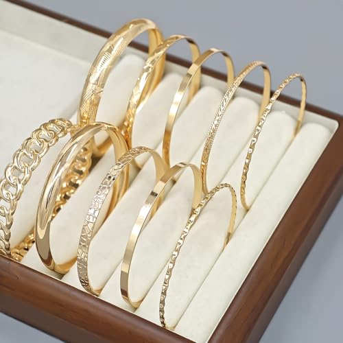 Gold Bangle Bracelets for Women, 14k Gold Plated Multi Layer Textured Stackable Open Bracelet Set Boho Indian Bangles Stackable Set Trendy Elegance Charms Non Tarnish Minimalist Bangle Pack - style: Gold 10Pcs