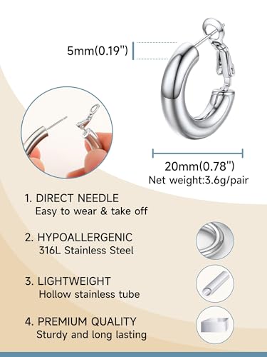 PROSTEEL Chunky Hoop Earrings for Women 14K Gold Plated/Black/Silver | 20/30/40/50/60/70/80mm Stainless Steel Thick Big Round Hoop with Waterproof and Non Tarnish Trendy Jewelry with Gift Box - color: 1. Silver, size: 20MM