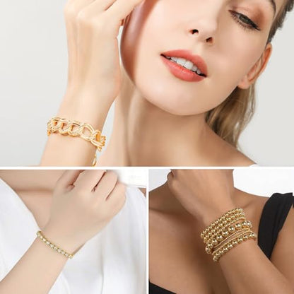 IFKM 6 PACK (24 PCS) Boho Gold Chain Bracelets Set for Women, 14K Gold Plated Multiple Layered Stackable Open Cuff Wrap Bangle Adjustable Link Italian Cuban Jewelry for Women Gift - style: 28pcs Gold Chain