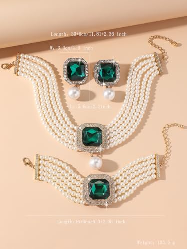 Fashion Bride Silver Black Green Bridal Layered Rhinestone Crystal 1920s Faux Pearls Necklace Earrings Bracelet Set Crystal Wedding Jewelry Set Rose Red Square Choker Necklace for Women - color: Green