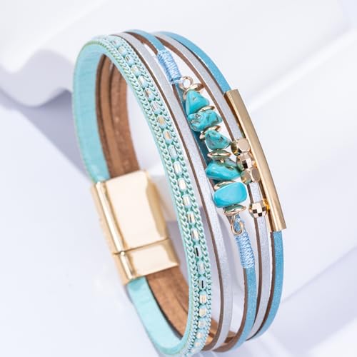 Boho Gemstone Beaded Leather Wrap Bracelets Stackable Chunky Cuff Bracelet Western Jewelry Cowboy Chic Country Concert Outfits for Women - color: Teal