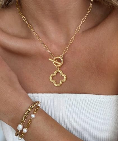Chunky Gold Necklace for Women Trendy Non Tarnish 14K Gold Plated Paperclip Chain Charm Necklaces Chunky Heart Cross Clover Pearl Pendant Necklace with Toggle Clasp Statement Jewelry Gift for Women - color: D-Clover