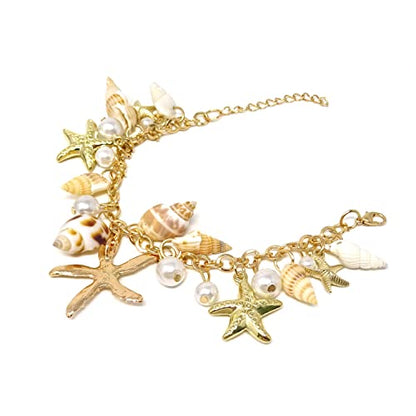 Honbay 1PCS Faux Pearl Sea Shell Starfish Bracelet Fashion Anklet Bracelet Charm Adjustable Mermaid Costume Jewelry in A Box for Women