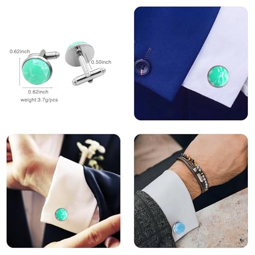 3 Pairs Gemstone Cufflinks for Men Round Personalized Cuff Links Mens Formal Wedding Business Cufflinks Jewelry Set White Blue Green