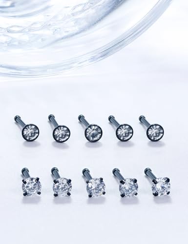18G 20G 22G Stainless Surgical Steel Titanium Nose Rings Studs for Women L Shaped Nose Studs Screw Nose Rings Nostrial Piercing Jewelry for Women Men Silver Gold Black - style: 18G/2mm CZ/Straight/Black