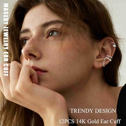 12PCS 14K Gold Plated Ear Cuff Earrings for Women Non Piercing Adjustable Ears Clip on Cartilage Earring Stack Dainty Fake Piercings Non Tarnish Helix Wrap Earrings Set Trendy Jewelry - color: Silver