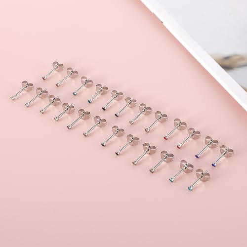 12 Pairs Surgical Stainless Steel Cubic Zirconia Birthstone Stud Earrings Heart Star Round Multicolors Stud Earrings Set for Women - style: Silver round 2mm