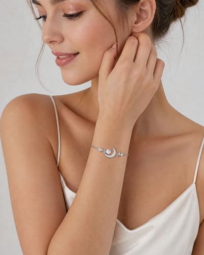 Silver Moon and Star Bracelet for Women Cubic Zirconia Adjustable Link Bracelet Celestial Charm Jewelry Gift for Her