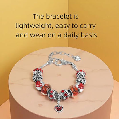 Pink Hearts Silver Plated Charm Bracelet, DIY Jewelry for Women with Beads, Charms, and Adjustable Snake Chain, Fits 7.5"+1.5" - color: Red, size: 19cm