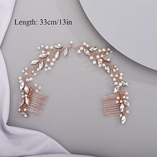 Chargances Bridal Pearl Crystal Hair Vine Comb Wedding Gold Long Headband Hair Comb Fashion Handmade Headpiece Bridal Hair Accessories for Wedding Prom Flower Girl (Gold) - color: Gold