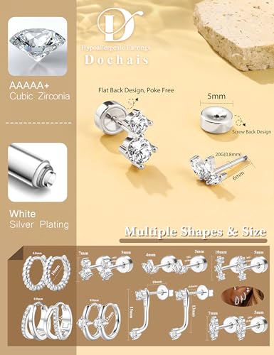 Gold Earrings for Women Flat Back Earrings Hypoallergenic Earring Stacks | 14K Gold Plated Surgical Stainless Steel Earring Set Chain Cartilage Earrings - Helix Piercing Jewelry for Women Trendy Gold - color: Silver 1