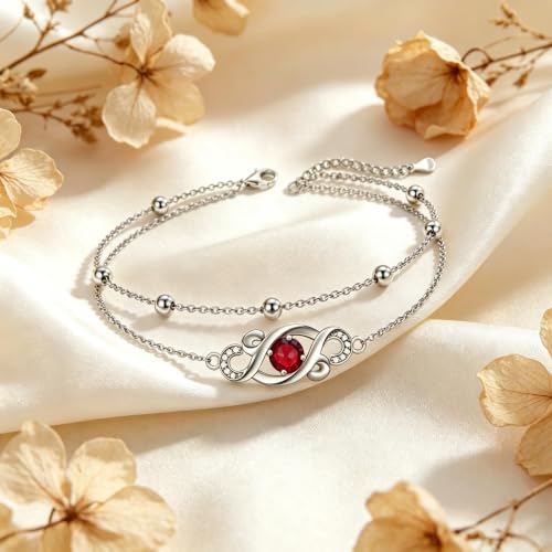 Dorunmo Birthstone Infinity Love Bracelet for Women 925 Sterling Silver Sparkling Gemstone Double Layered Adjustable Bracelets Birthday Jewelry Gifts for Mom Women - color: 07-Jul-Ruby