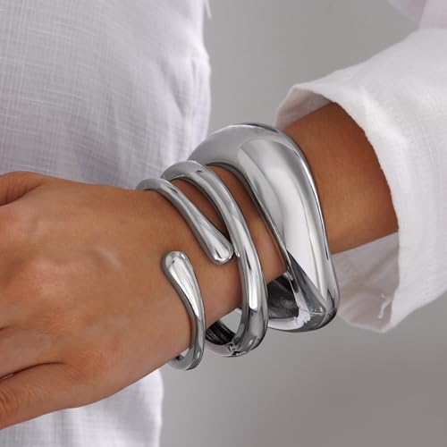 Chunky Gold Bangle Bracelets for Women, 14k Gold Plated Trendy Stackable Bangles Set, Dainty Cuff Bracelet Stack Jewelry for Gifts - color: Silver