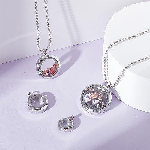 UNICRAFTALE 4Pcs 4 Sizes Living Memory Stainless Steel Crystal Photo Frame Locket Pendants Flat Round Floating Charm with Glass DIY Accessories for Jewelry Necklace Making
