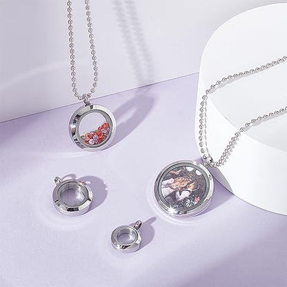 UNICRAFTALE 4Pcs 4 Sizes Living Memory Stainless Steel Crystal Photo Frame Locket Pendants Flat Round Floating Charm with Glass DIY Accessories for Jewelry Necklace Making