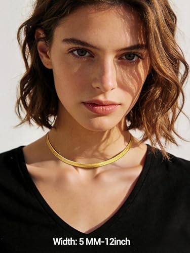 PROSTEEL 3mm/5mm Herringbone Choker Necklace for Women, 12.5"/15"/18", Stainless Steel/Sterling Silver Flat Snake Chain in Silver/Yellow Gold/Rose Gold/Black, Come with Box - color: 5mm-Gold Plated, size: 15 Inch
