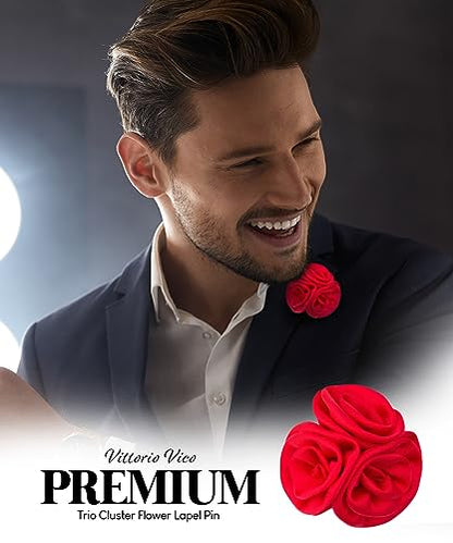 Premium Trio Cluster Flower Lapel Pin - Formal Boutonniere for Men, Flower Brooch Pin - color: Red