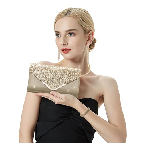 YYW 4 Pieces Women Evening Handbags Clutch Purse Bag with Rhinestone Crystal Jewelry Set for Wedding Party - color: Gold