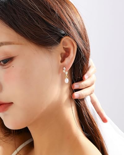 Pearl Earrings for Women, 14k Gold Plated Trendy Diamond Pearl Drop Earrings Bridal Shower Gifts Wedding jewelry for Women - color: Style C Gold
