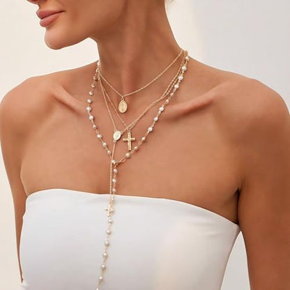 4PCS Layered Gold Cross Necklaces for Women Trendy, Bohemian Bead Pearl Y Long Pendant Necklace Set, Vintage Rosary Necklace Stack Adjustable Length