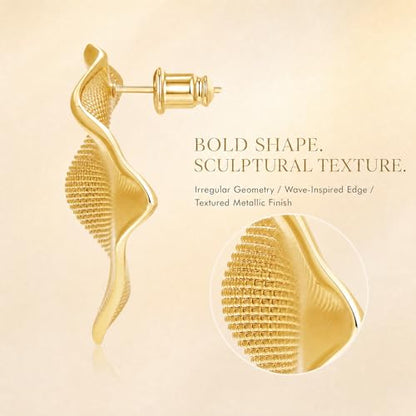 18K Gold Plated Statement Stud Earrings for Women Hypoallergenic Geometric Wave Earrings Irregular Textured Chunky Fashion Jewelry Gifts for Womens - color: Gold