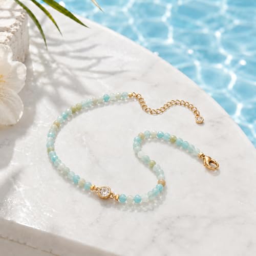 Raicegs Anklets for Women Handmade Beach Boho Ankle Bracelet 3mm Natural Stone Beaded Ankle Bracelet 14K Gold Plated Zircon Pendant Adjustable Crystal Gemstone Anklet Jewelry Gift for Her - color: Amazonite