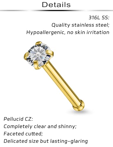 20Pcs Nose Rings Studs Surgical Steel L-Shape Nose Rings for Women 1.5mm 2mm Cubic Zirconia Nose Screw Studs Hypoallergenic Nose Piercings Jewelry 24g 22g 20g 18g - color: straight,goldtone, size: 18g,2mm CZ