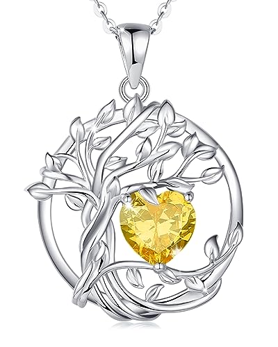 FANCIME Tree of life Birthstone necklace Sterling Silver Pendant Birthstone Necklace Gemstone Anniversary Birthday Jewelry Mothers Day Gifts for Mom Her Wife - color: Nov.-Citrine