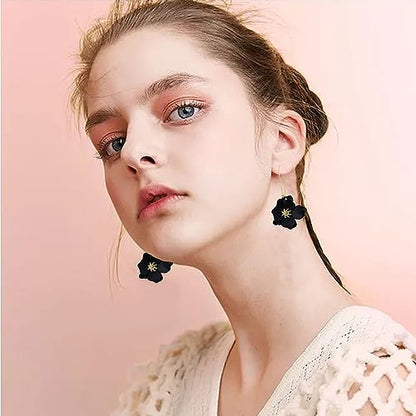 Bohemian Daisy Flower Matte Floral Long Petal Drop Dangle Earrings Layered Tiered for Women Chic Boho Wedding Jewelry - color: Black