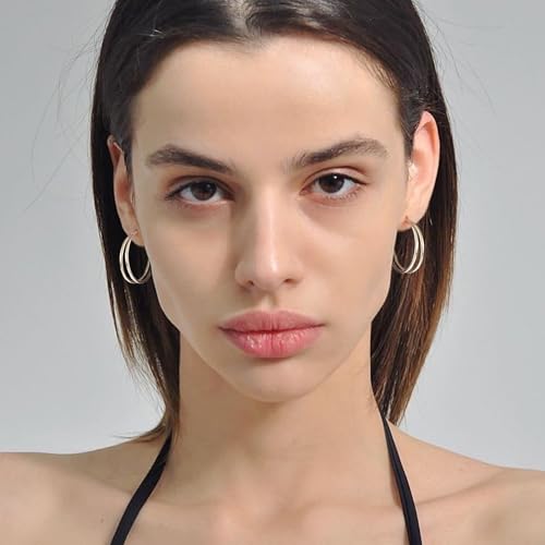 Large Thin Double Hoop Earrings for Women Lightweight Hypoallergenic 925 Sterling Silver Post 14K Gold Hoops Non Tarnish Sturdy Big Thin Double Layered Hoop Earrings 30/40/50/60mm - color: Silver, size: 20mm