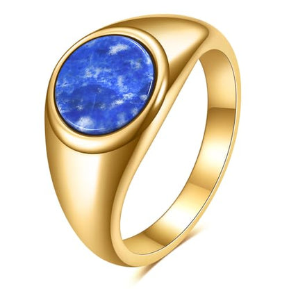 MYNENEY Stainless Steel Round Shape Classical Simple Plain Wedding Engagement Statement Pinky Band Signet Rings for Men Women Size 4-15 - color: Lapis lazuli-Gold