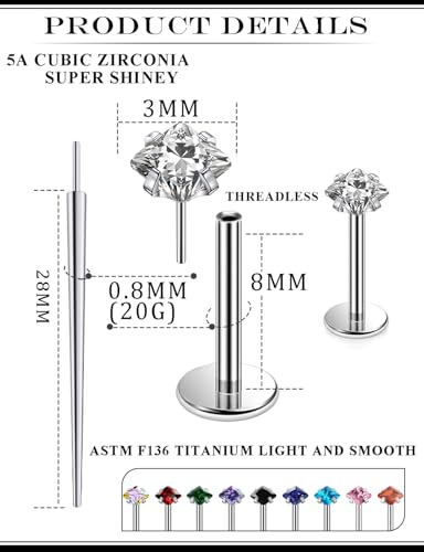20G 18G 16G Astm F136 Titanium Threadless Flat Back Earrings Nose Studs Tragus Helix Conch Cartilage Lobe Earrings Medusa Labret Snake Bite Monroe Lip Ring Piercing Jewelry For Women Men - size: 20G-8MM Bar-CZ 3MM
