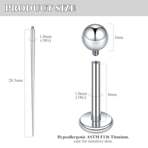 Xpircn ASTM F136 Titanium Flat Back Stud Earrings Internally Threaded Labret Monroe Lip Nose Studs Tragus Helix Conch Cartilage Piercing Jewelry for Women - color: 18G 8MM Bar,3MM Ball,Silver