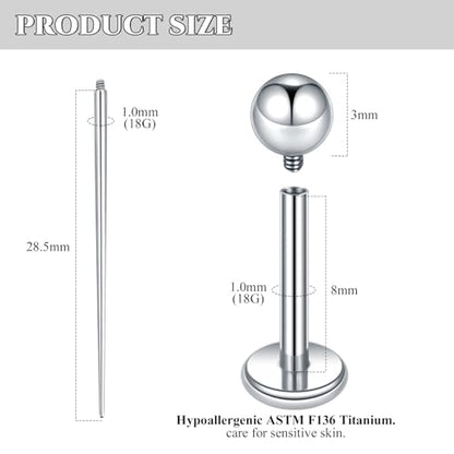 Xpircn ASTM F136 Titanium Flat Back Stud Earrings Internally Threaded Labret Monroe Lip Nose Studs Tragus Helix Conch Cartilage Piercing Jewelry for Women - color: 18G 8MM Bar,3MM Ball,Silver