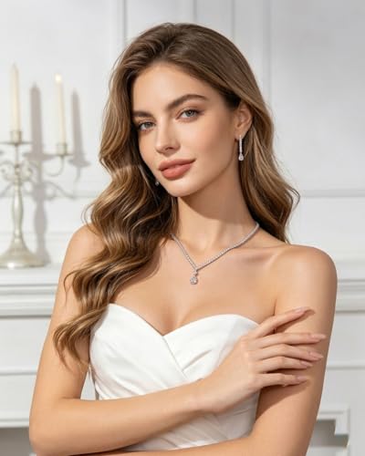 Silver Rhinestone Necklace and Earring Set for Women – Bridal Wedding Jewelry Set, Bridesmaid Accessories, Prom and Formal Costume Jewelry - color: White