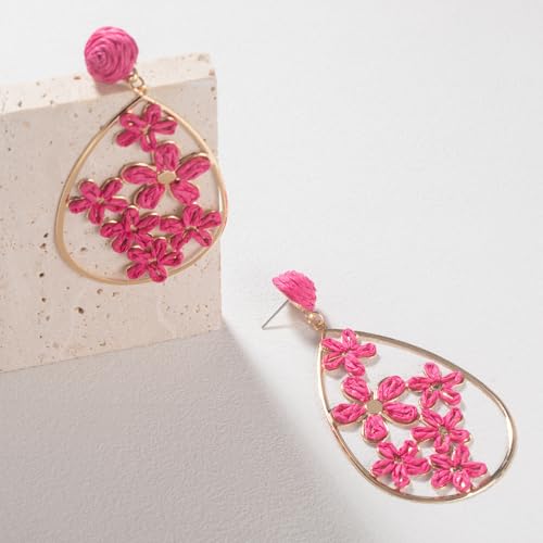Boho Raffia Flower Teardrop Earrings Cute Colorful Dangle Trendy Jewelry | Floral Drop Statement Big Dangling Earring Hypoallergenic Gold Fun Unique Summer Spring Beach Vacation Outfits for Women - color: Hot Pink