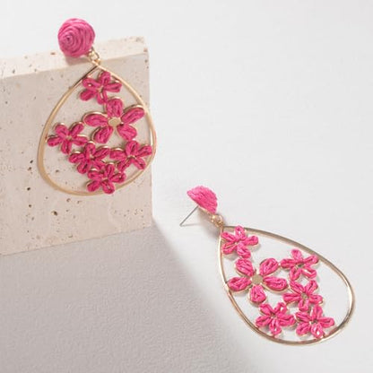 Boho Raffia Flower Teardrop Earrings Cute Colorful Dangle Trendy Jewelry | Floral Drop Statement Big Dangling Earring Hypoallergenic Gold Fun Unique Summer Spring Beach Vacation Outfits for Women - color: Hot Pink