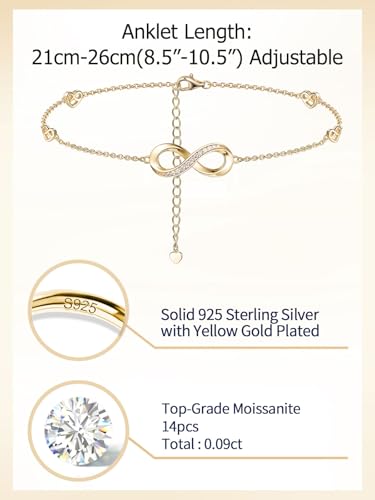Moissanite Infinity Anklet for Women, Real Authentic 925 Sterling Silver Hypoallergenic, Beautiful Summer Jewelry, Dainty Ankle Bracelet, 8.6-10.6inch (21-26cm) Adjustable - color: Elegant Infinity - Yellow Gold