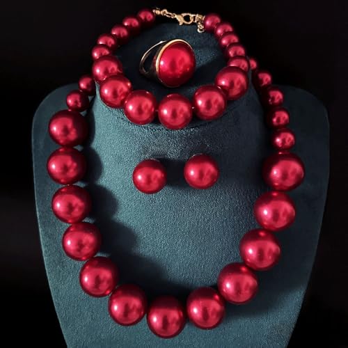 xuzhiyuan Statement Pearl Jewelry Set for Women - Includes Necklace, Bracelet, Earrings, and Ring | Colorful Faux Pearl Fashion Jewelry Set for Party, Wedding, Daily Wear - color: Dark Red