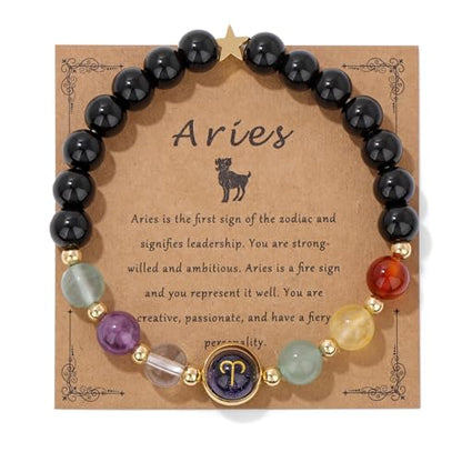 Zodiac Bracelets for Women 12 Constellations Healing Crystal Stone Beads Bracelet Birthday Zodiac Gifts Horoscope Spiritual Bracelet - color: Aries