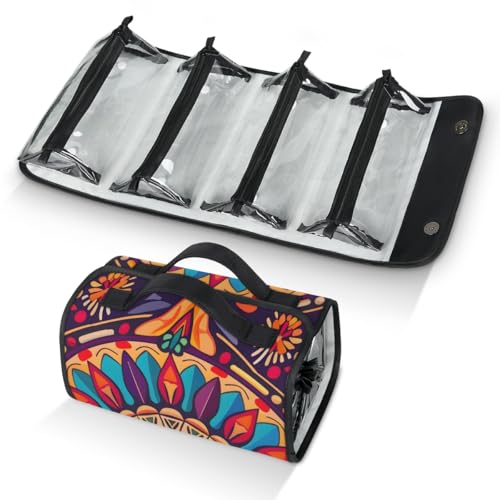 Boho Mandala Flowers Bohemian Hanging Roll Up Cosmetic Bag with 4 Removable Storage Bags Waterproof Foldable Toiletry Kit for Women - color: Multicolor 20