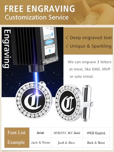 FindChic Stainless Steel Round Cufflinks with Custom Text/Picture/Monogram Letters 18K Gold Plated/Black Color for Men Groom Suits Shirts, with Gift Box - style: 03. CZ custom letters (black)