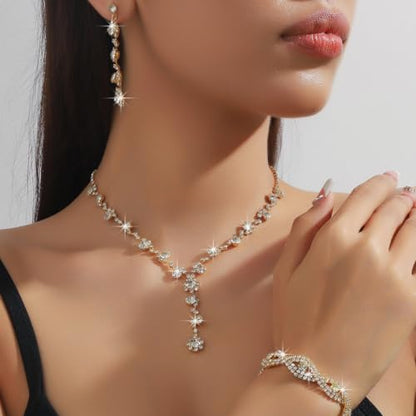 Prom Earrings Necklace Bracelet Set Elegant Crystal Rhinestone Necklace Earrings Bracelet Bridal Wedding Prom Dresses Costume Outfit Gold Jewelry Sets for Women - color: Gold B