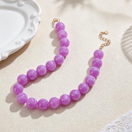 Chunky Beaded Necklace for Women Trendy Boho Collar Statement Necklace Large Round Resin Beads Choker Necklaces Summer Beach Jewelry Gifts - color: Purple